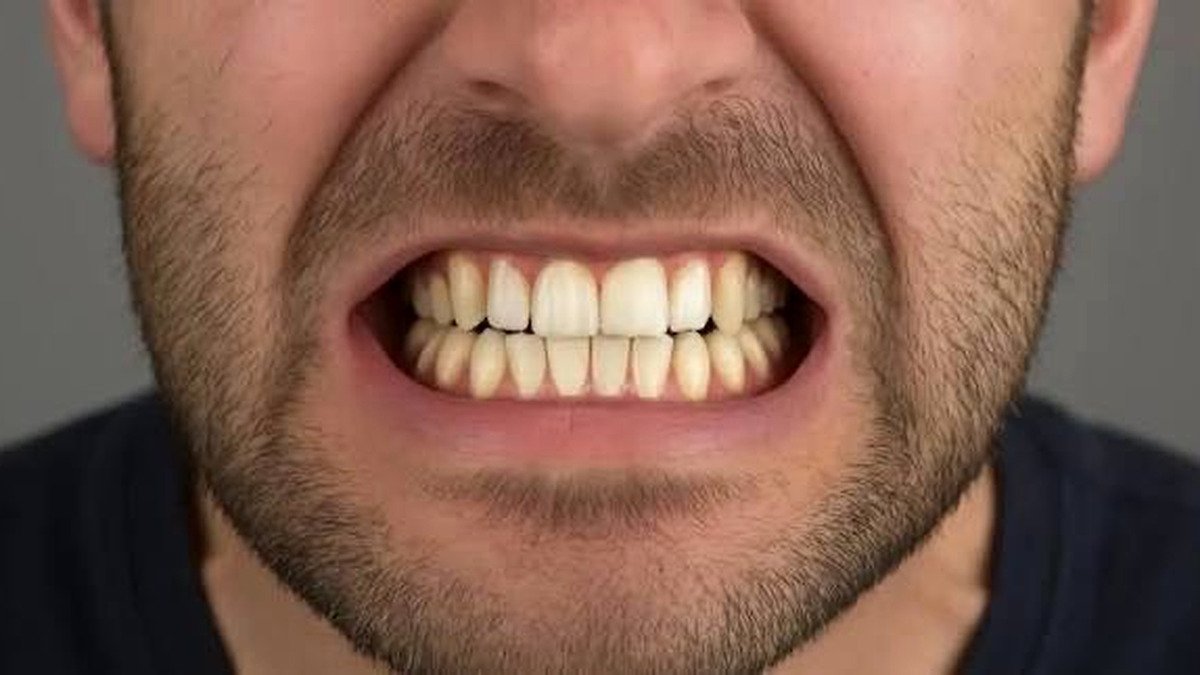 Person clenching their teeth, illustrating teeth grinding and bruxism